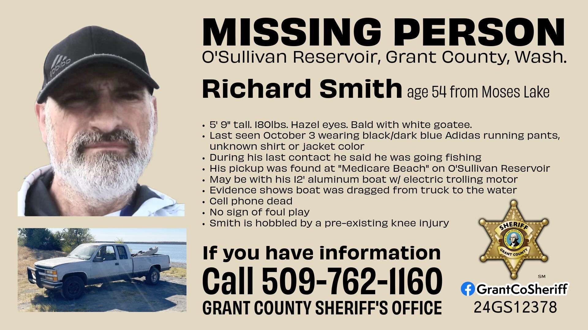 Grant County Sheriff's Office searching for missing 54-year-old man at O'Sullivan Reservoir